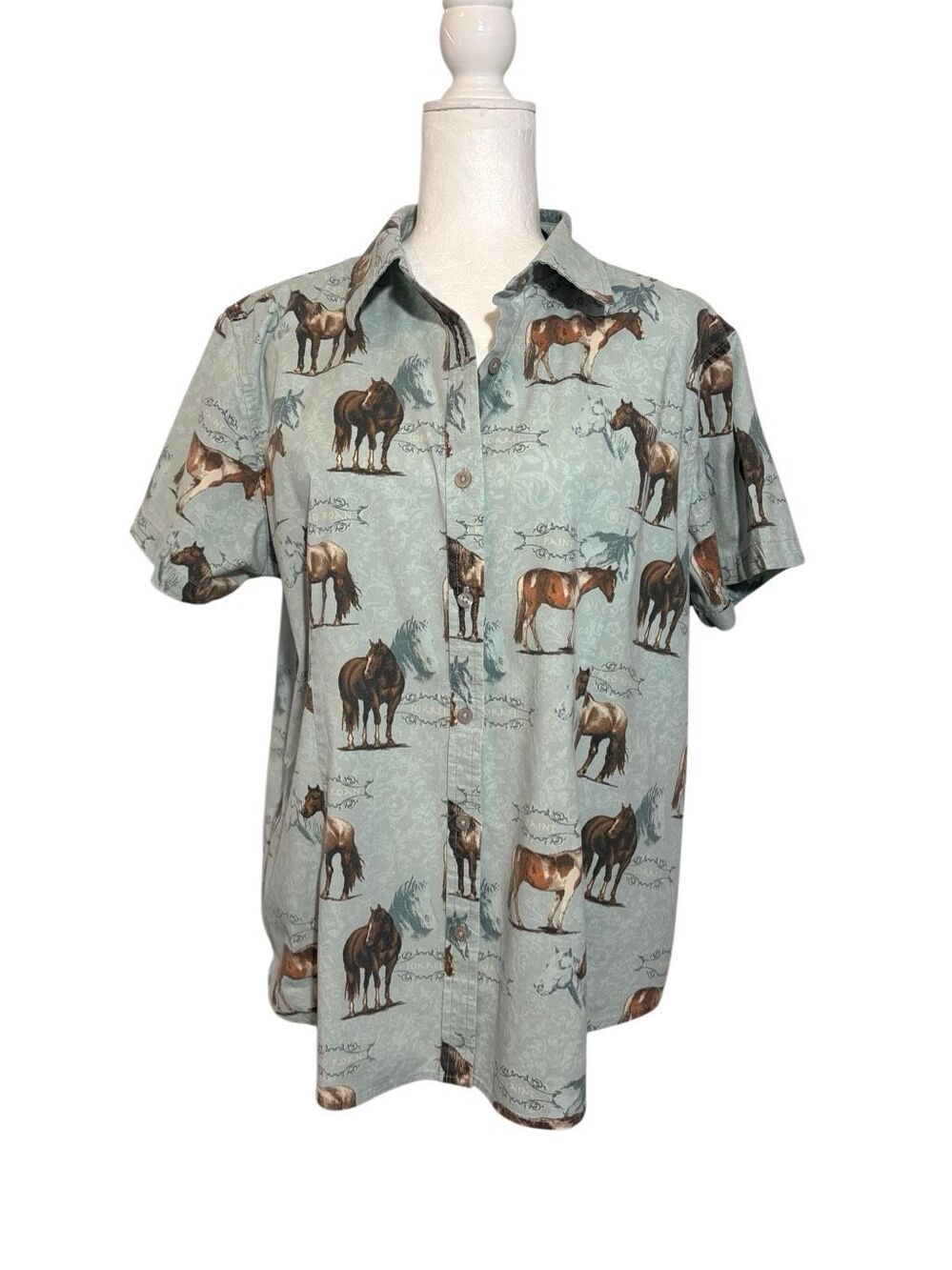 Vintage Bit & Bridle sage horse themed button down short sleeved shirt - XL